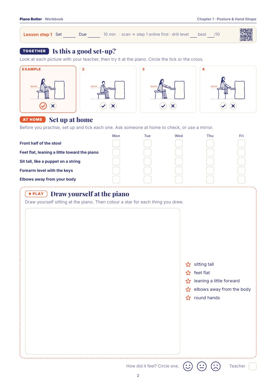 Worksheet page: Is this a good set-up? Circle the tick or the cross, tick the set-up at home for five days, then draw yourself at the piano.