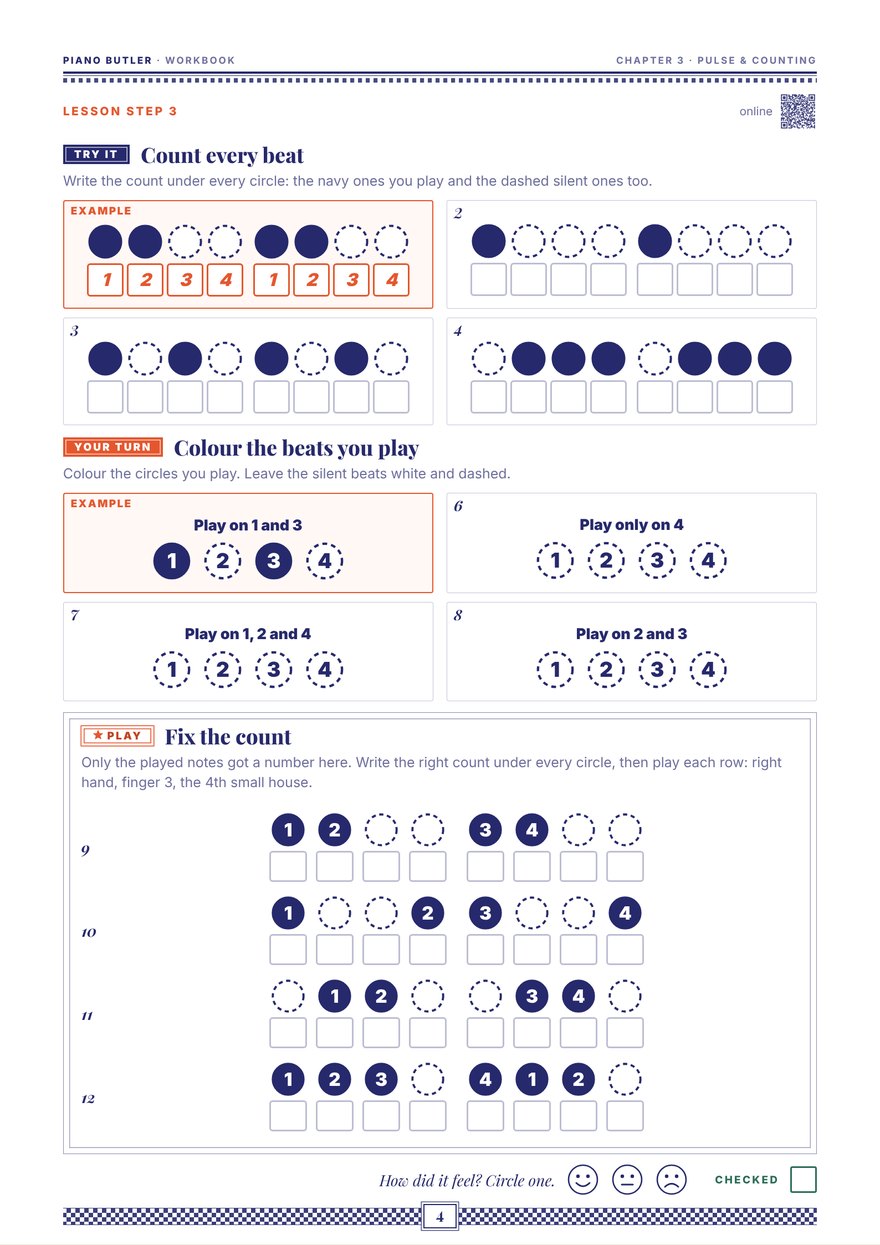 Worksheet page: write the count under every beat circle, played and silent; colour the beats to play; then fix rows that were counted wrongly.