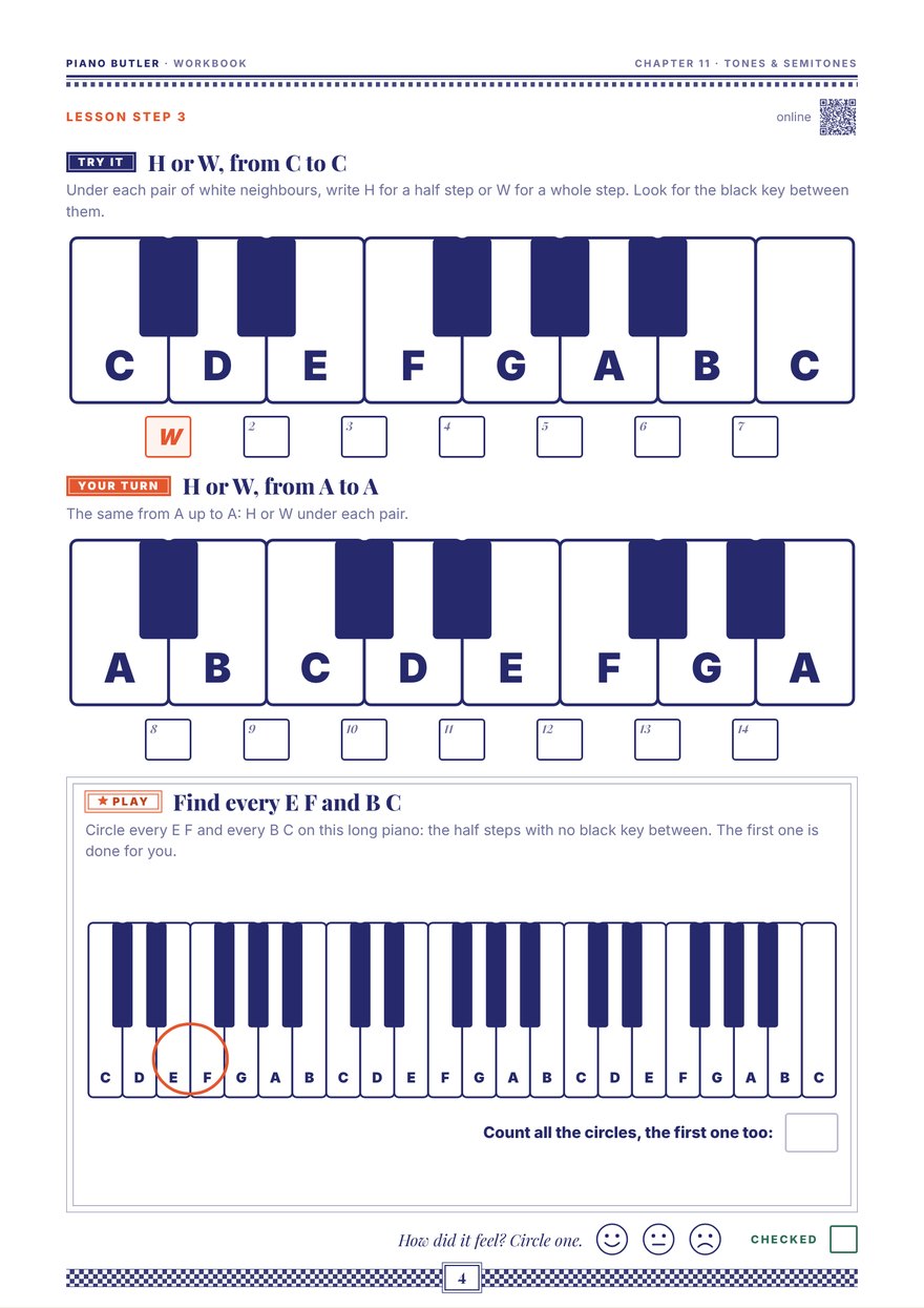 Worksheet page: write H or W under each pair of white neighbours from C to C and from A to A, then circle every E F and B C on a long keyboard.