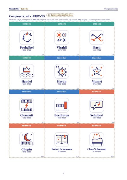 First page of the Composer cards printable