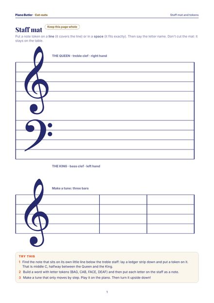 First page of the Staff mat and tokens printable