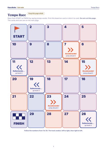 First page of the Tempo Race board game printable
