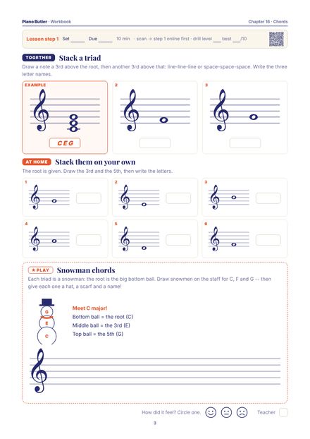 Workbook page from the Chords chapter: Stack a triad · Stack them on your own · Snowman chords