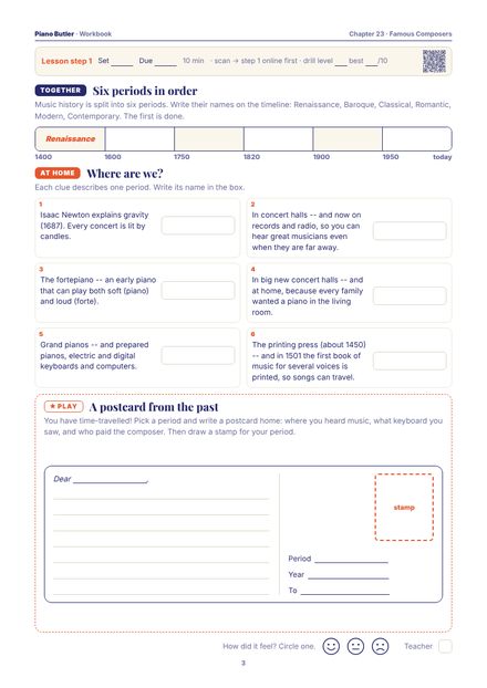 Workbook page from the Famous Composers chapter: Six periods in order · Where are we? · A postcard from the past