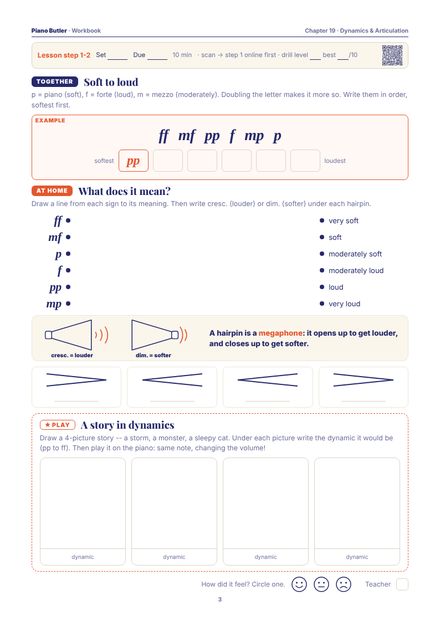 Workbook page from the Dynamics & Articulation chapter: Soft to loud · What does it mean? · A story in dynamics