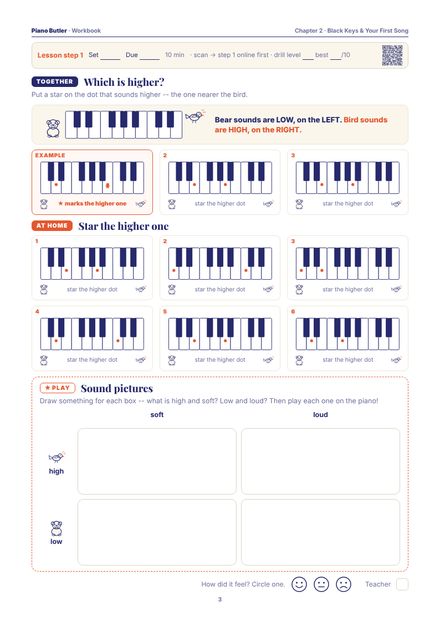 Workbook page from the Black Keys & Your First Song chapter: Which is higher? · Star the higher one · Sound pictures