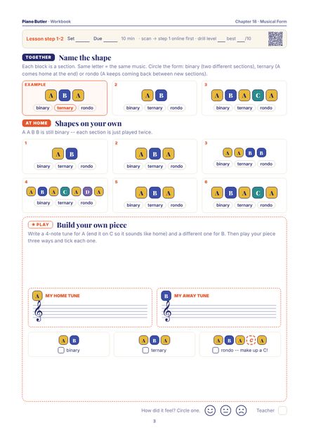Workbook page from the Musical Form chapter: Name the shape · Shapes on your own · Build your own piece