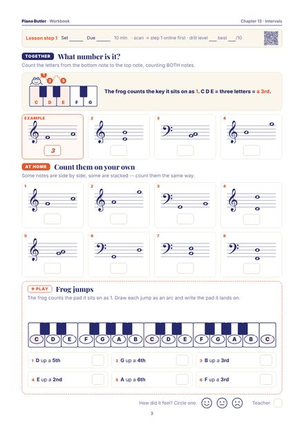 Workbook page from the Intervals chapter: What number is it? · Count them on your own · Frog jumps
