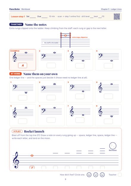 Workbook page from the Ledger Lines chapter: Name the notes · Name them on your own · Rocket launch