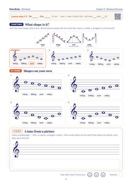 Workbook page from the Melody & Phrasing chapter: What shape is it? · Shapes on your own · A tune from a picture