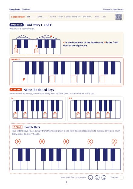 Workbook page from the Note Names chapter: Find every C and F · Name the dotted keys · Lost letters