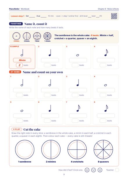 Workbook page from the Notes & Rests chapter: Name it, count it · Name and count on your own · Cut the cake