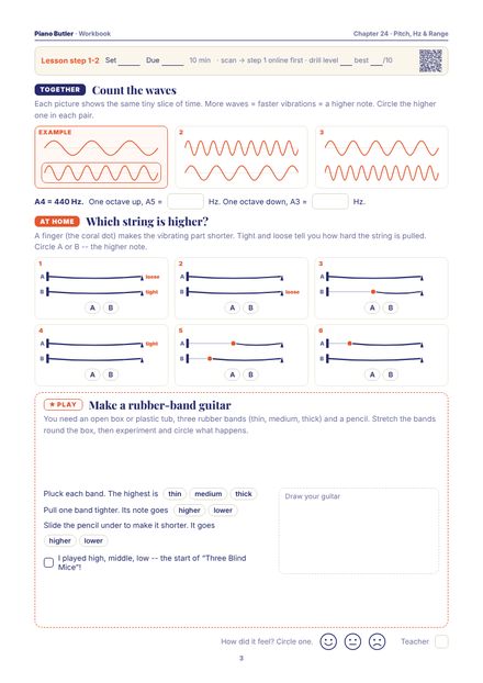 Workbook page from the Pitch, Hz & Range chapter: Count the waves · Which string is higher? · Make a rubber-band guitar