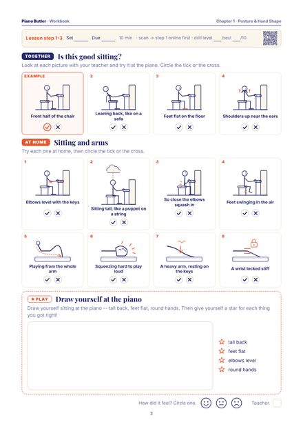 Workbook page from the Posture & Hand Shape chapter: Is this good sitting? · Sitting and arms · Draw yourself at the piano