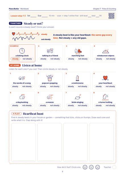 Workbook page from the Pulse & Counting chapter: Steady or not? · Listen at home · Heartbeat hunt