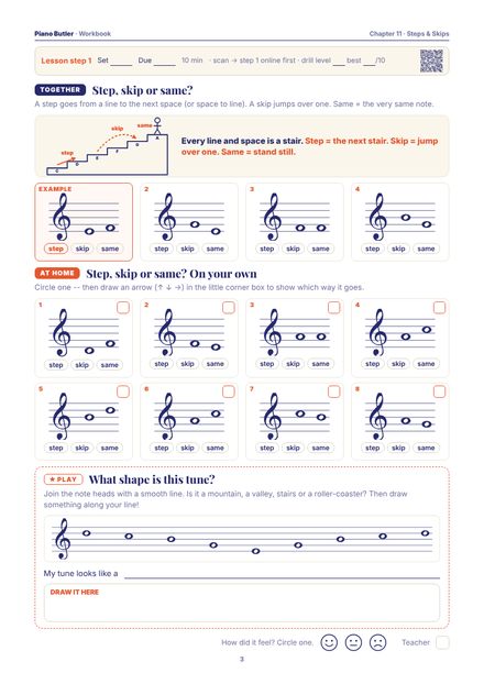 Workbook page from the Steps & Skips chapter: Step, skip or same? · Step, skip or same? On your own · What shape is this tune?