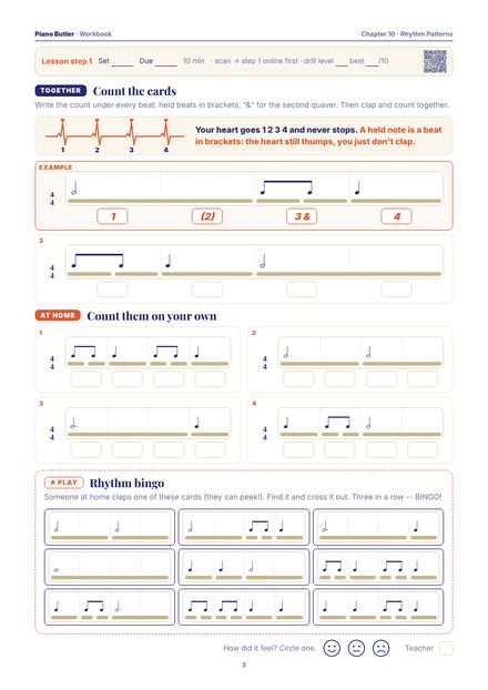 Workbook page from the Rhythm Patterns chapter: Count the cards · Count them on your own · Rhythm bingo