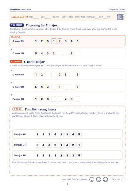 Workbook page from the Scales chapter: Fingering for C major · G and F major · Find the wrong finger
