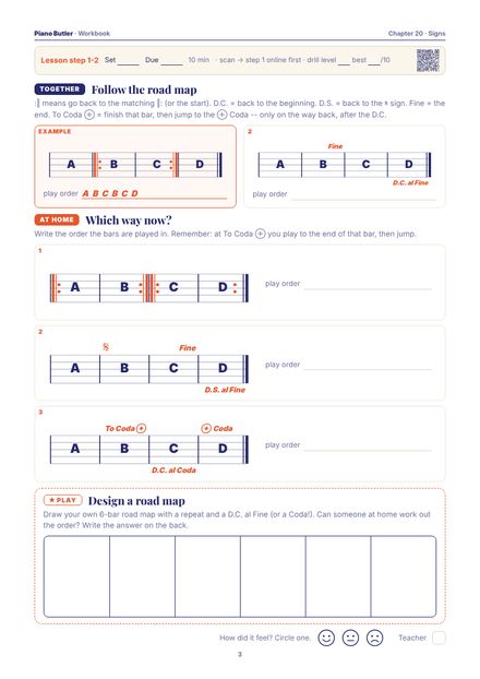 Workbook page from the Signs chapter: Follow the road map · Which way now? · Design a road map