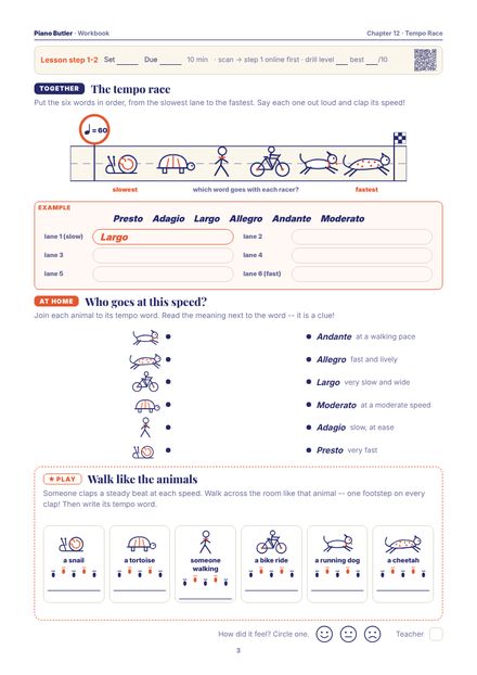 Workbook page from the Tempo Race chapter: The tempo race · Who goes at this speed? · Walk like the animals