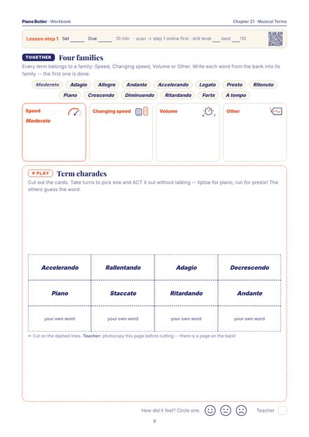 Workbook page from the Musical Terms chapter: Four families · Term charades