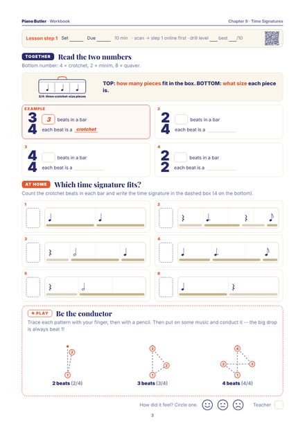 Workbook page from the Time Signatures chapter: Read the two numbers · Which time signature fits? · Be the conductor