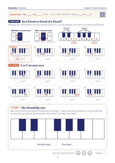 Workbook page from the Tones & Semitones chapter: Best friend or friend of a friend? · S or T on your own · The friendship race